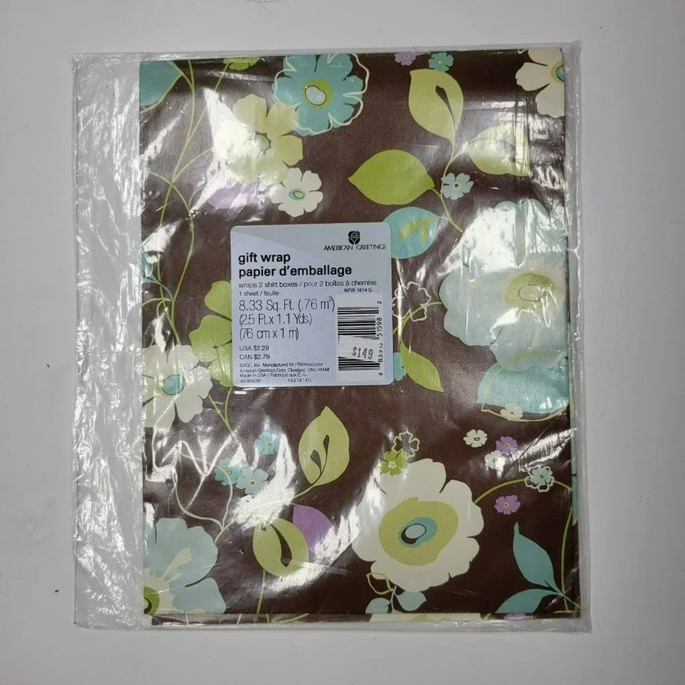 Vintage American Greetings Gift Wrap FLORAL PATTERN Brown NEW SEALED One Sheet